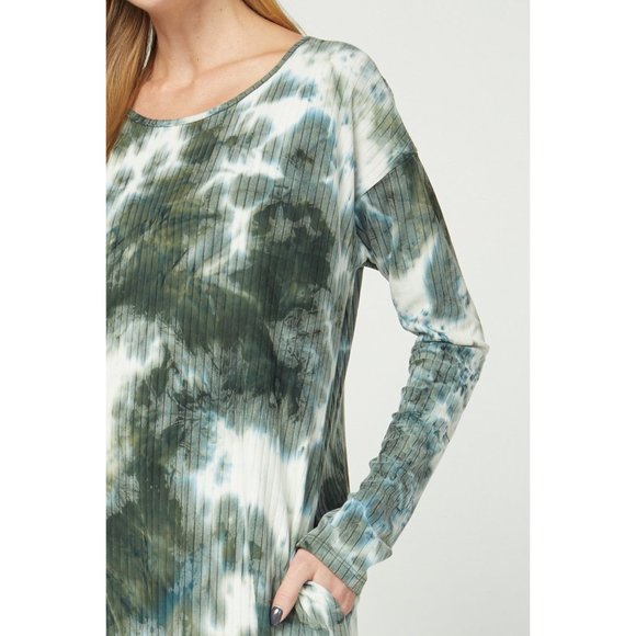 Entro Tie Dye Ribbed Pocket Midi Dress, Olive - Picture 5 of 6